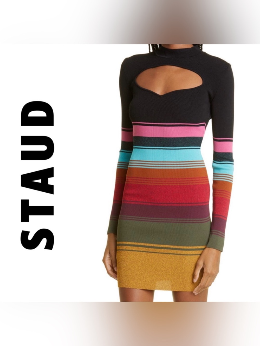 STAUD Like New ‘Clara’ Luxe Mosaic Stripe, Body Con w/ Heart Shaped Cutout. Sz L